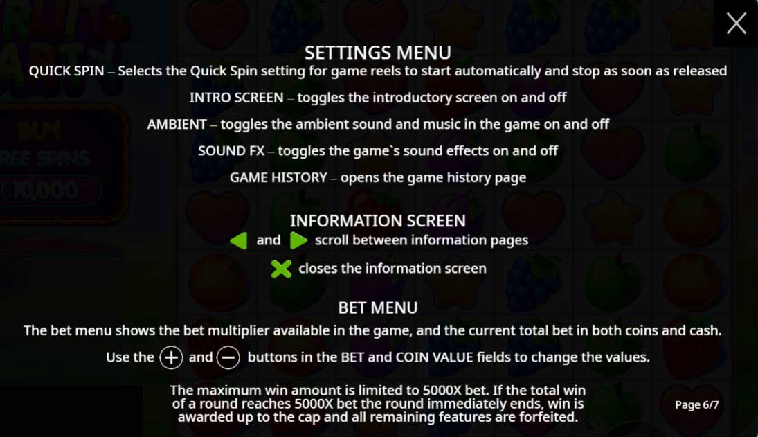 Fruit Party slot game settings and bet menu