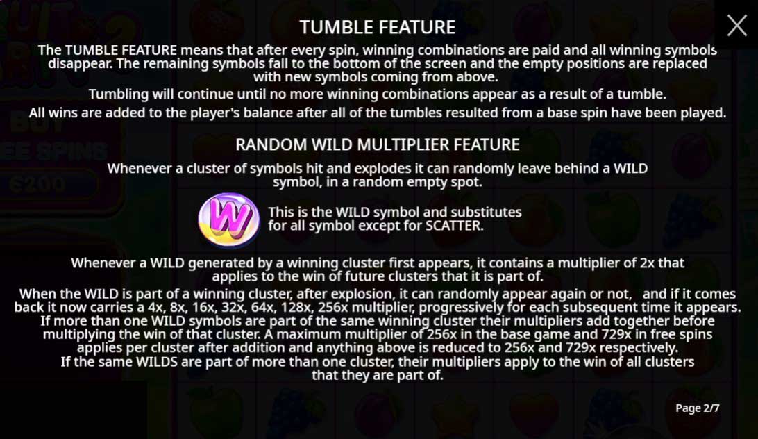 Fruit Party 2 slot game tumble feature and random wild multiplier feature