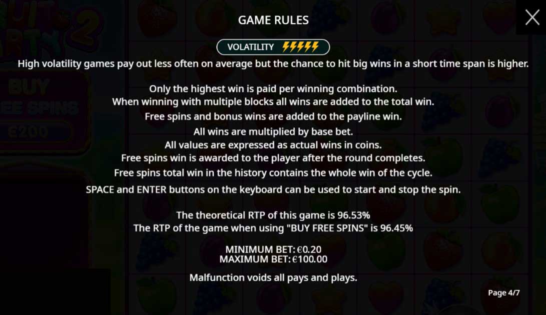 Fruit Party 2 slot game rules