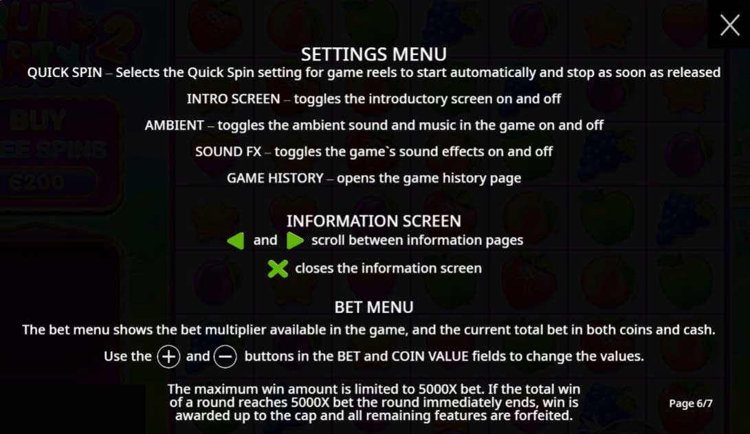 Fruit Party 2 slot game settings and bet menu